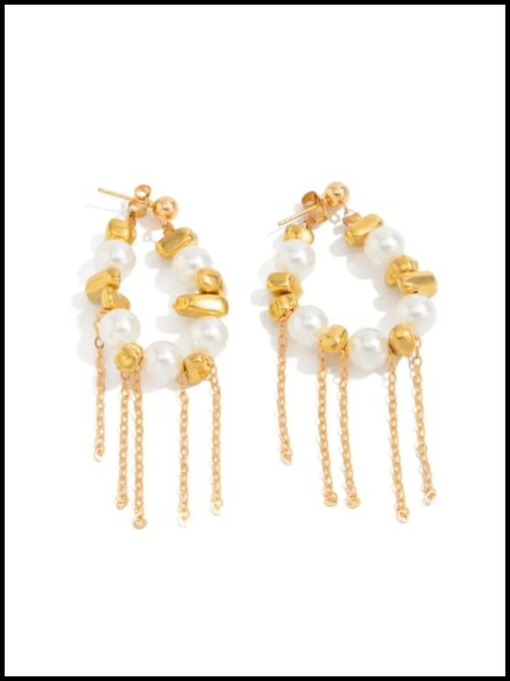 Gold Pearl Huggie Hoop Earrings Dainty Beaded Tassel Chain Dangle for Women